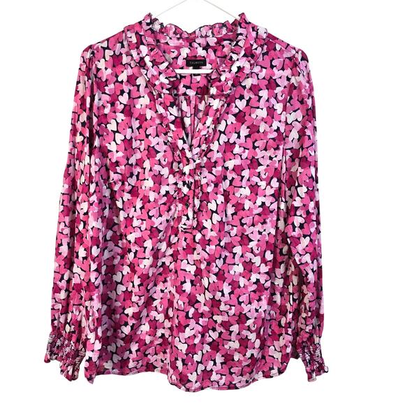 Talbots Blended Hearts Blouse Women's L Pink Smocked Cuff Ruffle Career Casual - Picture 1 of 9